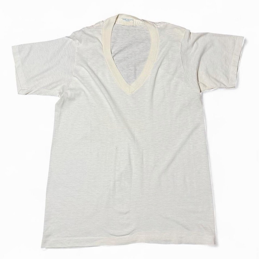 Vintage 70s Stanfield Plain Basic White Cream Basic Cotton V-Neck Shirt M USA